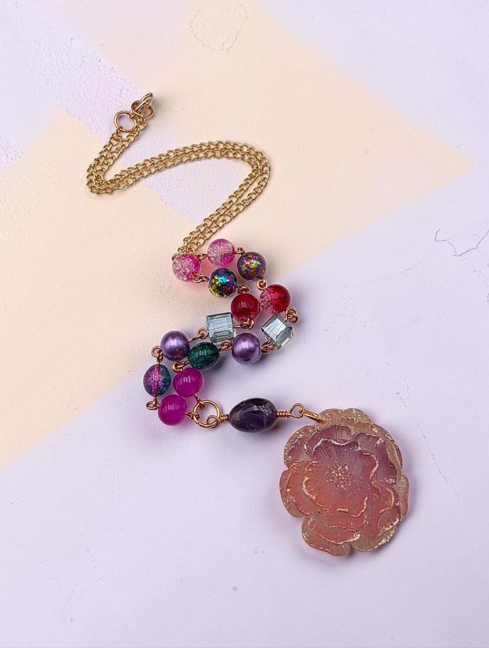 Gold Chain Necklace with Multicolor Beads and Pink Floral Pendant Handmade